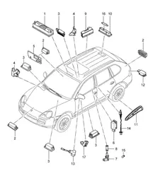 Interior lights / Engine compartment lamp / Luggage compartment lamp / Door guard light / Footwell light / Light / Door mirror Cayenne 9PA (955) 2003-06