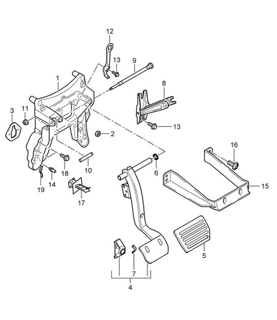 Diagram 702-000 Porsche 996 C4 3.6L 09/01-2005 Sistema a leva manuale, gruppo pedali 