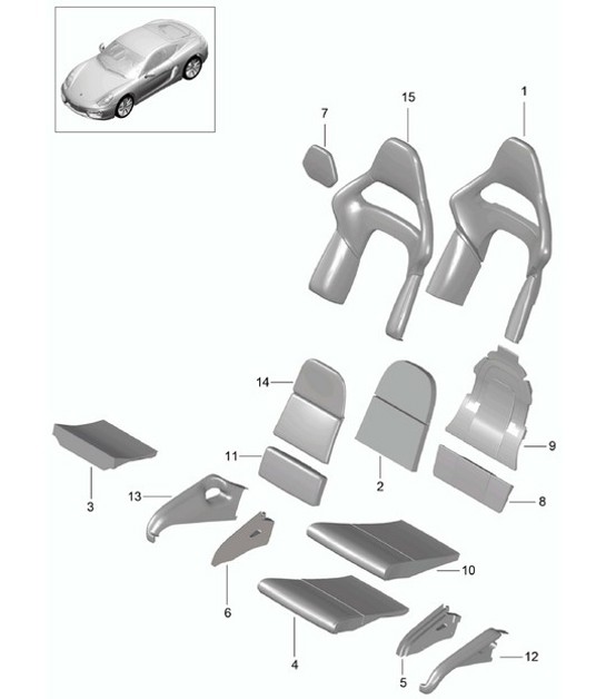 Foam part / Cover / Seat and backrest surface / bucket seat / Collapsible  981C Cayman / Cayman S 2014-16