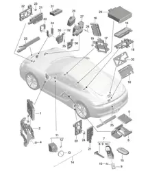 Besturingseenheden / Elektronica / Voorzijde / Achterzijde / Handzender / Contact-/startschakelaar / Antenne / Garagedeuropener / Sensor / Interieurbewaking 981C Cayman / Cayman S 2014-16