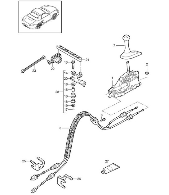 Diagram 701-000 Porsche Boxster 986/987/981 (1997-2016) Système de levier manuel, groupe de pédales 