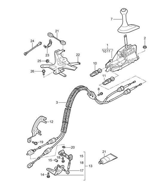 Diagram 701-000 Porsche Cayman 987C/981C (2005-2016) Système de levier manuel, groupe de pédales 