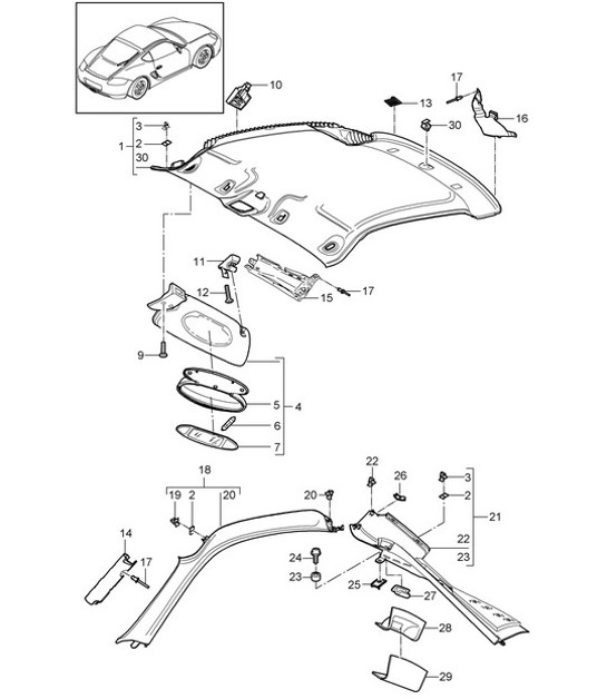 Roof trim / Sun vizors / A-pillar / C-pillar 987C.1 Cayman 2006-08
