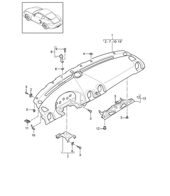 Instrument panel trim / Upper part with: Fasteners 987C.1 Cayman 2006-08