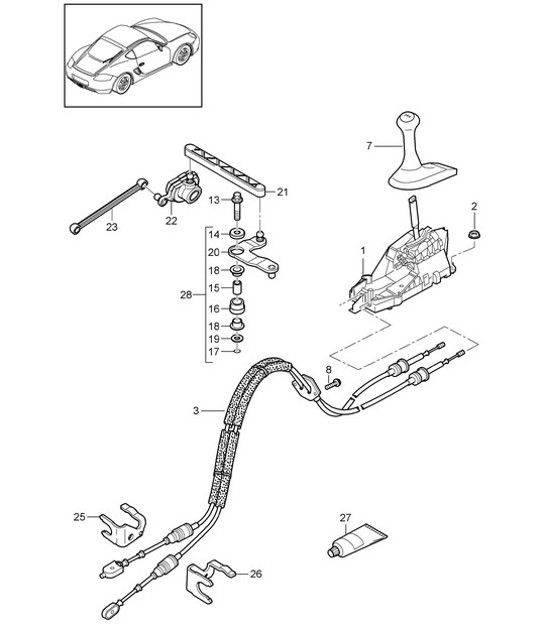Diagram 701-000 Porsche Cayman 987C/981C (2005-2016) Sistema a leva manuale, gruppo pedali 