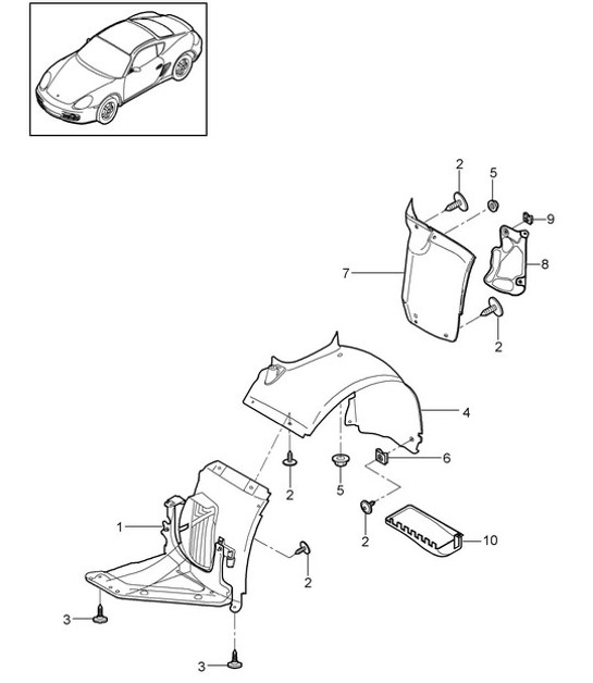 Linings for / Wheel housing 987C.2 Cayman 2009-12