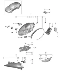 Phares / Phare supplémentaire / Clignotant / Feu de position latéral / Répétiteur de clignotant (PR : 601 Système d'éclairage au xénon) 991.1 2012-16