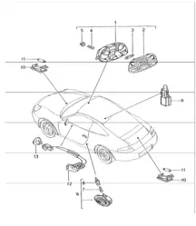 interior lights, luggage compartment lamp, engine compartment lamp, glove compartment light, footwell light IXX2, combined lights, door opener for 996 1998-05