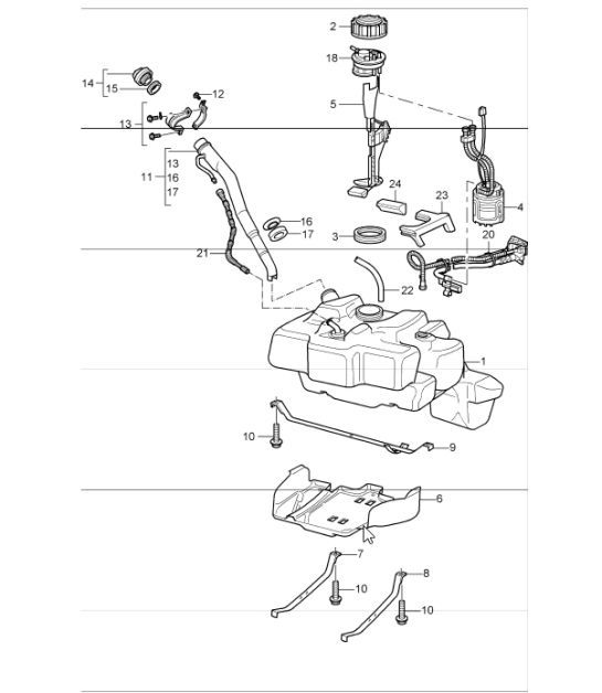 Diagram 201-01 Porsche Cayman 987C/981C (2005-2016) Kraftstoffsystem, Abgassystem
