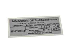 Sticker Tyre Pressure. Porsche 924 / 924S - 477000257A - PAKR4