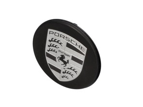 Insignia de tapa de bloqueo de rueda central, en negro mate. Porsche 991 R / GT3 - 99136120730, 9P1601349COK1