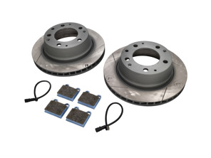 Paquete de pastillas de freno deportivas y discos de freno ranurados TRASEROS. Porsche 911 3.2L 1984-89 - 91135295006, 91135295007