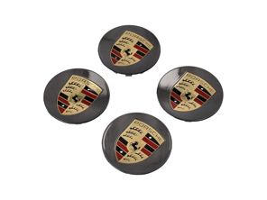 Wheel caps in Grey with coloured crest for Porsche 911 / Cayenne / Panamera / Boxster / Cayman  (Set of 4) - 00004460705, 97004460012, 00004460604