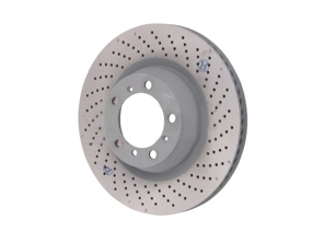 Brake disc rotor, Rear, drilled-dimpled monoblock, 350x28mm. Porsche 997 TURBO / 997 GT3 - 99735240502, 99735240602 - PRL39977, PRR39978