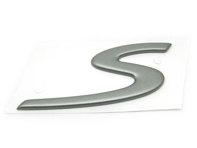 S - Badge, in Titanium metallic. Porsche 986 Boxster S - 98655924301, 986559243009A4, 986.559.243.01, 986.559.243.00.9A4
