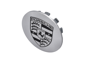 Enjoliveur de roue argenté avec écusson Porsche. Porsche 955 Cayenne - 955361303019A1, 00004460600
