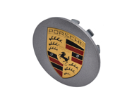 Copriruota Argento metallizzato con stemma colorato. Porsche 958 Cayenne/991/997/987 - 9P1601149AM7Z, 7PP601152AM7Z, 99736130301