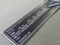 Decalcomania del numero VIN dell'inceppamento della porta. Porsche 911 (930) Turbo 1987 - 93070111217