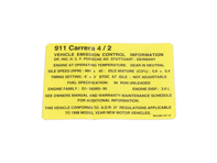 Engine Data Sticker/Decal - Australian Market. Porsche 993 Carrera 1994-98 - 99300610700, 99300610702, 99300610703, 99300610707, 99300610710