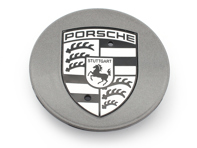 Coprimozzo Titanium Dark con stemma Porsche Nero-Argento. Porsche 991.2 / 982 Boxster / 9YA Caienna / 970.2 Panamera