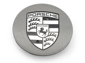 Wheel cap Titanium Dark with Black-Silver Porsche crest. Porsche 991.2 / 982 Boxster / 9YA Cayenne / 970.2 Panamera