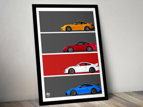 Poster Porsche 911 GT3 Generations con cornice nera