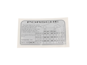 Porsche Data Plate/Sticker - Tyre Pressure. Porsche 993 Carrera (Coupe, Targa & Cabriolet) 1996-98 - Australian Market Only. - 99370128716