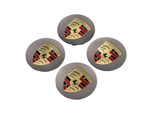 Wheel Caps Platinum silk with Crest for Porsche (Set of 4) - 99104460021, 00004460533, 00004460723