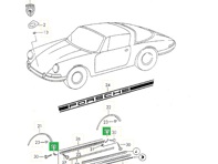 Eindkappen dorpellijsten, Chroom. Porsche 911 1968-73 - 90155911150, 911287-04, 90155911250, 911287-03, 90155911350, 911287-03, 90155911450, 911287-04