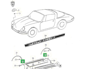 Side sill panel end caps, Chrome. Porsche 911 1968-73 - 90155911150, 911287-04, 90155911250, 911287-03, 90155911350, 911287-03, 90155911450, 911287-04