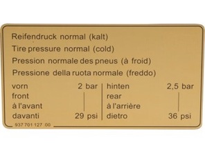 Sticker bandenspanning. Porsche 911 1984-89 / 924 / 944 - 93770112700 - 1601500906